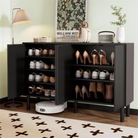 ON-TREND Minimalist Shoe Cabinet with 5 Solid Wood Legs, Cream Style Sideboard Buffet Cabinet with Fluted Doors