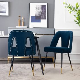 A&A Furniture,Akoya Collection Modern  Contemporary Velvet Upholstered Dining Chair With Nailheads And Gold Tipped Black Metal Legs,Blue,Set Of 2 (Color: Blue)
