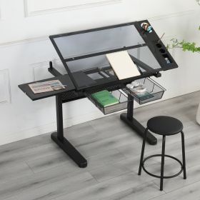 Hand Crank Adjustable Drafting Table Drawing Desk With 2 Metal Drawers  BLACK WITH STOOL (Color: Black)