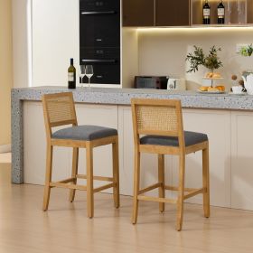 Full Solid Wood Rattan Back Bar Stool  Matte Linen Cushion With High Resilience Foam  S Springs  Ideal For Rustic Natural Style Kitchen Island  L (Option: Gray)