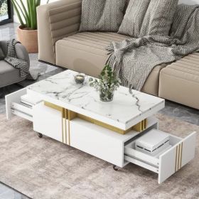 VIDEO Provided ON-TREND Contemporary Coffee Table With Faux Marble Top, Rectangle Cocktail Table With Caster Wheels, Moderate Luxury Center Table (Option: As Pic)