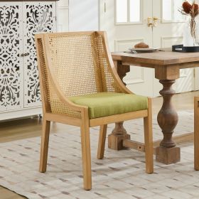 Rattan Dining Chairs, Solid Wood Frame With Decorative Armrests, Linen Upholstered Seat, Rustic Wooden Style Side Chairs For Kitchen, Dining Room (Option: Olive Green)