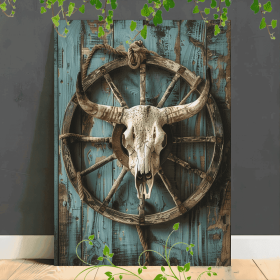 Rural Western Cowhead And Wagon Wheel Canvas Art - Old Wooden Frame, Perfect For Home Decor, Anniversaries, Birthdays, And Ideal For Room Decorat (Option: 36x24in)