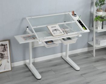 Hand Crank Adjustable Drafting Table Drawing Desk With 2 Metal Drawers White  WITH STOOL (Color: White)