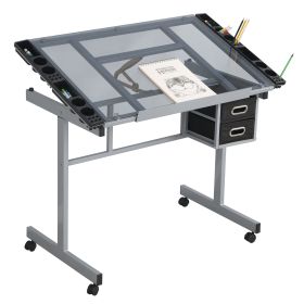 Adjustable Art Drawing Desk Craft Station Drafting   With 2  Fabric  Drawers And 4 Wheels (Option: Silver grey)