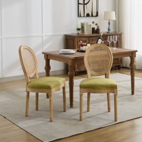 A&A Furniture,French Style Solid Wood Frame Antique Painting Linen Fabric Rattan Back Dining Chair,Set Of 2,Olive-Green (Option: Olive Green)