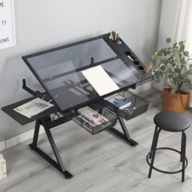 Black Adjustable Tempered Glass Drafting Printing Table With Chair (Color: Black)