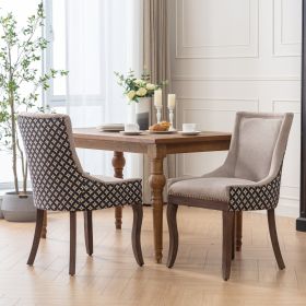 A&A Furniture, Ultra Side Dining Chair, Thickened Fabric Chairs With Neutrally Toned Solid Wood Legs, Bronze Nail Head, Set Of 2, Beige And Patte (Option: Beige Black)