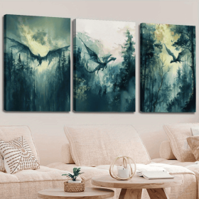 Set Of 3 Wooden Framed Canvas Decorative Paintings, Dark Academia Style, Mythical Creatures, Forest And Dragon Fantasy Artwork, Watercolor Painti (Option: 36x24inch)