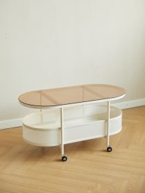 Movable Oval Metal Glass Coffee Table With Storage (Color: White)