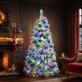 6FT Pre-Lit Spruce Snow Flocked Christmas Tree With Pine Cones, Artificial Xmas Tree With 403 Branch Tips,Mixed PE  PVC Branches, 250 Multi-Color (Option: WhiteGreen)