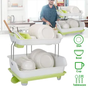 2-Tier Dish Drying Rack Cutlery Drainer Holder Kitchen Organizer Storage Shelf (Option: GreenWhite)