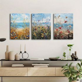 Set Of 3 Canvas Wooden Framed Poster Prints Coastal Wildflowers, Ocean Beach, Vintage Seascape Oil Painting, Floral Plants, Bohemian Style, Frame (Option: 36x24inch)