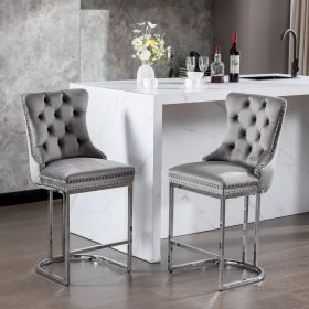 26 Counter Height Bar Stools Set Of 2, Modern Velvet Barstools With Button Back&Rivet Trim Upholstered Kitchen Island Chairs With Sturdy Chromed (Option: Gray)