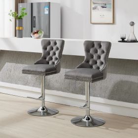 Thick Chrome Swivel Velvet Barstools,Adjustable 25 33 Height,Modern Upholstered With17.7  Base,Tufted Buttons Diamond Pleating,Sponge Spring Seat (Option: Gray)