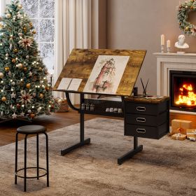 Black Drafting Drawing Table With Stool And 3 Drawers (Color: Black)