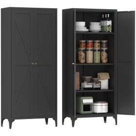 Metal Adjustable 2 Doors Metal Storage Cabinet Kitchen Pantry Cabinet With Adjustable Shelves Tall Steel Cabinet Locker For Kitchen, Living Room, (Color: Black)