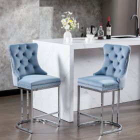 26  Counter Height Bar Stools Set Of 2, Modern Velvet Barstools With Button Back&Rivet Trim Upholstered Kitchen Island Chairs With Sturdy Chromed (Option: Light Blue)