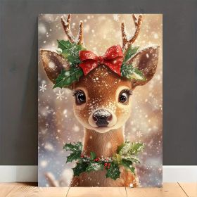 1 Christmas Reindeer Wall Decoration With Red Bow And Snowflakes - Woven Wooden Frame Canvas, Suitable For Wedding, New Year, Thanksgiving, And V (Option: 36x24inch)