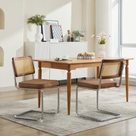Mid Century Modern Dining Chairs Set Of 2, Linen Accent Chairs With Natural Cane Back & Stainless Chrome Base, Famous Breuer Designed Chairs, Uph (Color: Coffee)
