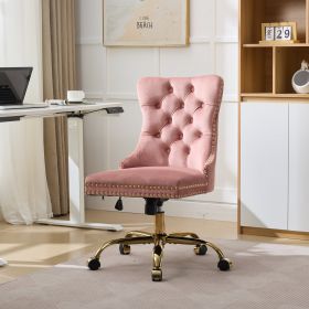 A&A Furniture Office Chair,Modern Velvet Upholstered Tufted Button Home Office Chair With Golden Metal Base,Adjustable Desk Chair Swivel Office C (Color: Pink)