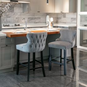 AA Furniture,Contemporary Velvet Upholstered Wing-Back Barstools With Button Tufted Decoration And Wooden Legs, And Chrome Nailhead Trim, Leisure (Option: Gray)