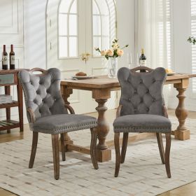 Velvet Dining Chair With Handmade Tufted Trim, Solid Wood Handles On Top And Sides, Vintage Copper Nail Decoration, Curved Solid Wood Legs, Elega (Option: Gray)