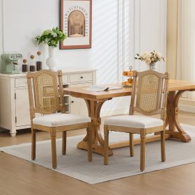 Full Solid Wood Rattan-Back Dining Chair, Matte Linen Cushion With High-Resilience Foam & S-Springs, Perfect For Rustic Natural Style Dining Room (Color: Beige)