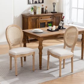 A&A Furniture,French Style Solid Wood Frame Antique Painting Linen Fabric Rattan Back Dining Chair,Set Of 2,Cream,Beige (Color: Beige)