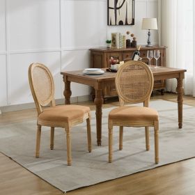 A&A Furniture,French Style Solid Wood Frame Antique Painting Linen Fabric Rattan Back Dining Chair,Set Of 2,Tan (Option: Tan)