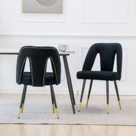 A&A Furniture,Akoya Collection Modern Contemporary Velvet Upholstered Dining Chair With Nailheads And Gold Tipped Black Metal Legs,Black,Set Of 2 (Color: Black)