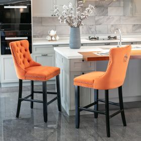 Contemporary Velvet Upholstered Barstools With Button Tufted Decoration And Wooden Legs, And Chrome Nailhead Trim, Leisure Style Bar Chairs,Bar S (Color: Orange)