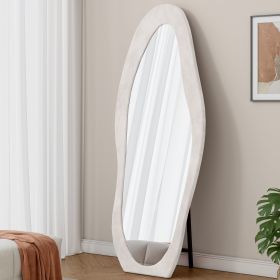 Full Length Mirror, 63x 24 Floor Mirror Wall Mirror, Flannel Wrapped Wooden Frame Floor Mirror,Irregular Wavy Mirror Standing Halling Large Wall (Color: White)