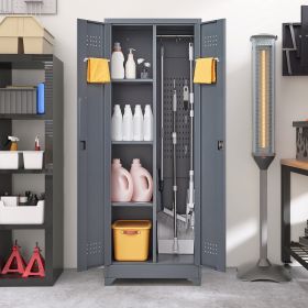 Broom Storage Cabinet With Locking Doors And Shelves, 65  H Metal Storage Cabinet With Hanging Rod & S-Hooks, Cleaning Tool Storage Cabinet Grey (Color: Grey)