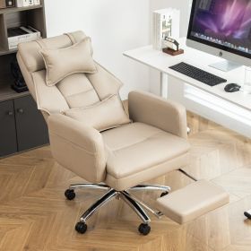 Swivel Ergonomic Office Chair, Technology Leather  High Back Office Chair With Lumbar Support Headrest, Sedentary Comfortable Boss Chair, 155 Rec (Color: Beige)
