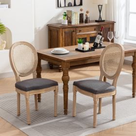 A&A Furniture,French Style Solid Wood Frame Antique Painting Linen Fabric Rattan Back Dining Chair,Set Of 2,Gray (Option: Gray)