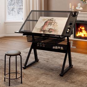 Hand Crank Adjustable Tempered Glass Drafting Drawing And Printing Table With Chair And Storage Space For Living Room, Study, Bedroom (Color: Black)