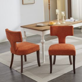 Mid Century Modern Dining Chairs Set Of 2, Farmhouse Linen Fabric Upholstered Accent Chair Curved Backrest With Copper Nails Around,Kitchen Chair (Color: Orange)