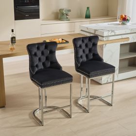 25 Counter Height Bar Stools Set Of 2, Modern Velvet Barstools With Button Back  Rivet Trim Upholstered Kitchen Island Chairs With Sturdy Chromed (Color: Black)