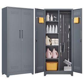 Gray And White Color Metal Lockers, Cleaning Tool Cabinets With Locking Doors, High Broom Tool Storage Cabinets, Adjustable Shelves, Large Cabine (Color: Grey)