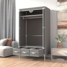 Portable Clothes Closet Rolling Door Wardrobe with Hanging Rack Non-Woven Fabric Storage Organizer with Three Drawer Boxes No-Tool Assembly - 67i (Color: Grey-67in*35.4in*17.7in)