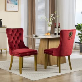 Mid-Century Modern Chairs With Lion Head Pull Ring,High-end Tufted Solid Wood Contemporary Velvet Upholstered Dining Chair With Golden Wooden Leg (Color: WINE RED)