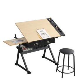 Adjustable Drawing Drafting Table Desk With 2 Drawers For Home Office And School With Stool  Wood (Option: Ameican White Oak)