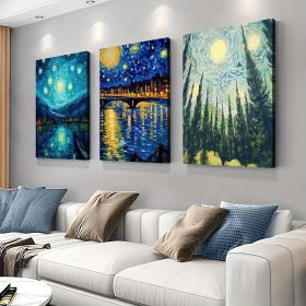 3-piece Starry Sky Canvas Wall Art Set, Abstract Blue Night Sky Landscape Prints, Wrapped Pine Frames, Classic Decorative Art Style, Modern Indoo (Option: 36x24inch)