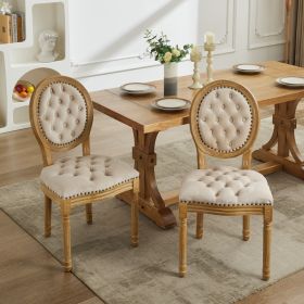 French Style Solid Wood Frame Antique Painting,Hand-pulled Buckle Decoration Velvet Artificial Leather Dining Chair With Nailhead Trim ,Wood Legs (Color: Beige)