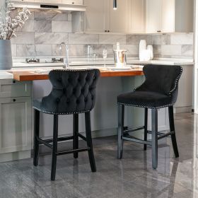 A&A Furniture,Contemporary Velvet Upholstered Wing-Back Barstools With Button Tufted Decoration And Wooden Legs, And Chrome Nailhead Trim, Leisur (Color: Black)
