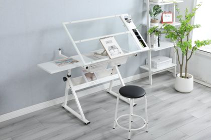 WHITE Adjustable Tempered Glass Drafting Printing Table With Chair (Color: White)