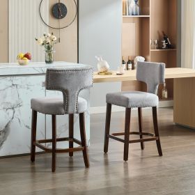 Mid Century Modern Counter Height Bar Stools Set Of 2, Farmhouse Linen Fabric Upholstered Accent Chair Curved Backrest With Copper Nails Around,K (Option: Gray)