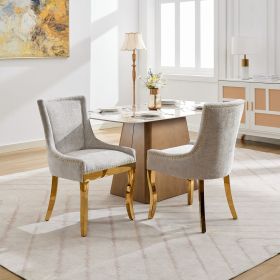 Chenille Dining Chairs, Modern Style With Curved Gold - Plated Legs  Rivet Trim, Upholstered Comfort For Dining  Lounge, Accent Seating With Text (Color: Beige)