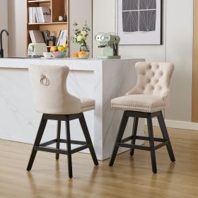 Swivel Velvet Barstools With Button Tufted Decoration And Wooden Legs, And Chrome Nailhead Trim, Leisure Style Bar Chairs,Bar Stools, Set Of 2  B (Color: Beige)